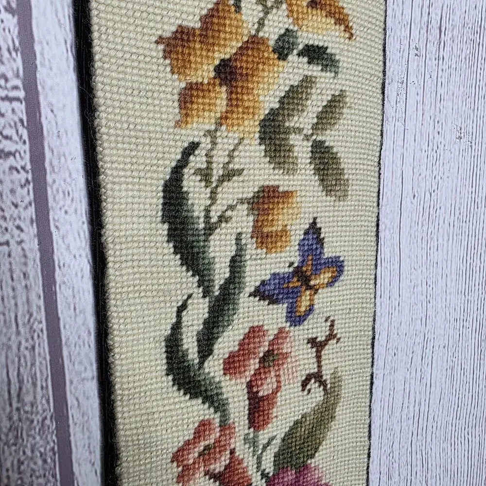 Vintage Needlepoint Bell Pull Table Runner Floral Butterfly Velvet Backed - 60